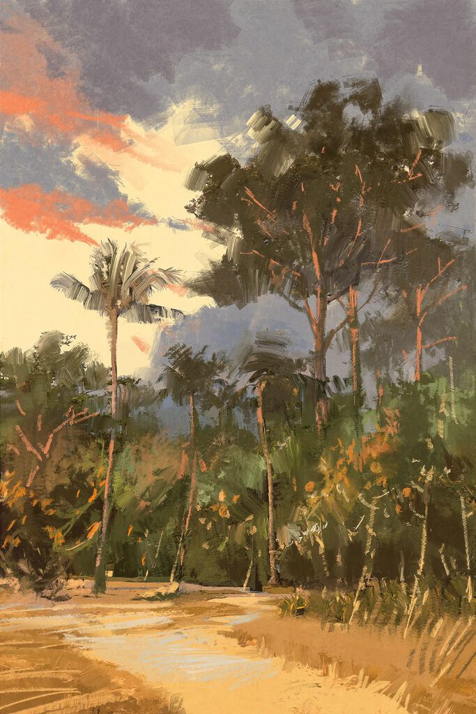 A painting of trees and bushes