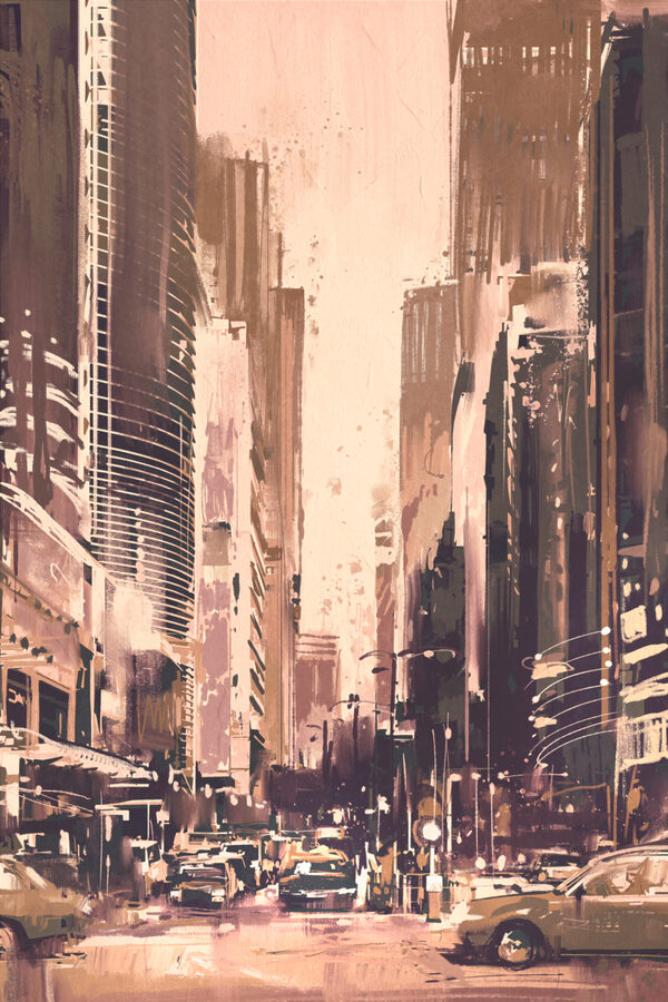 A city street with tall buildings