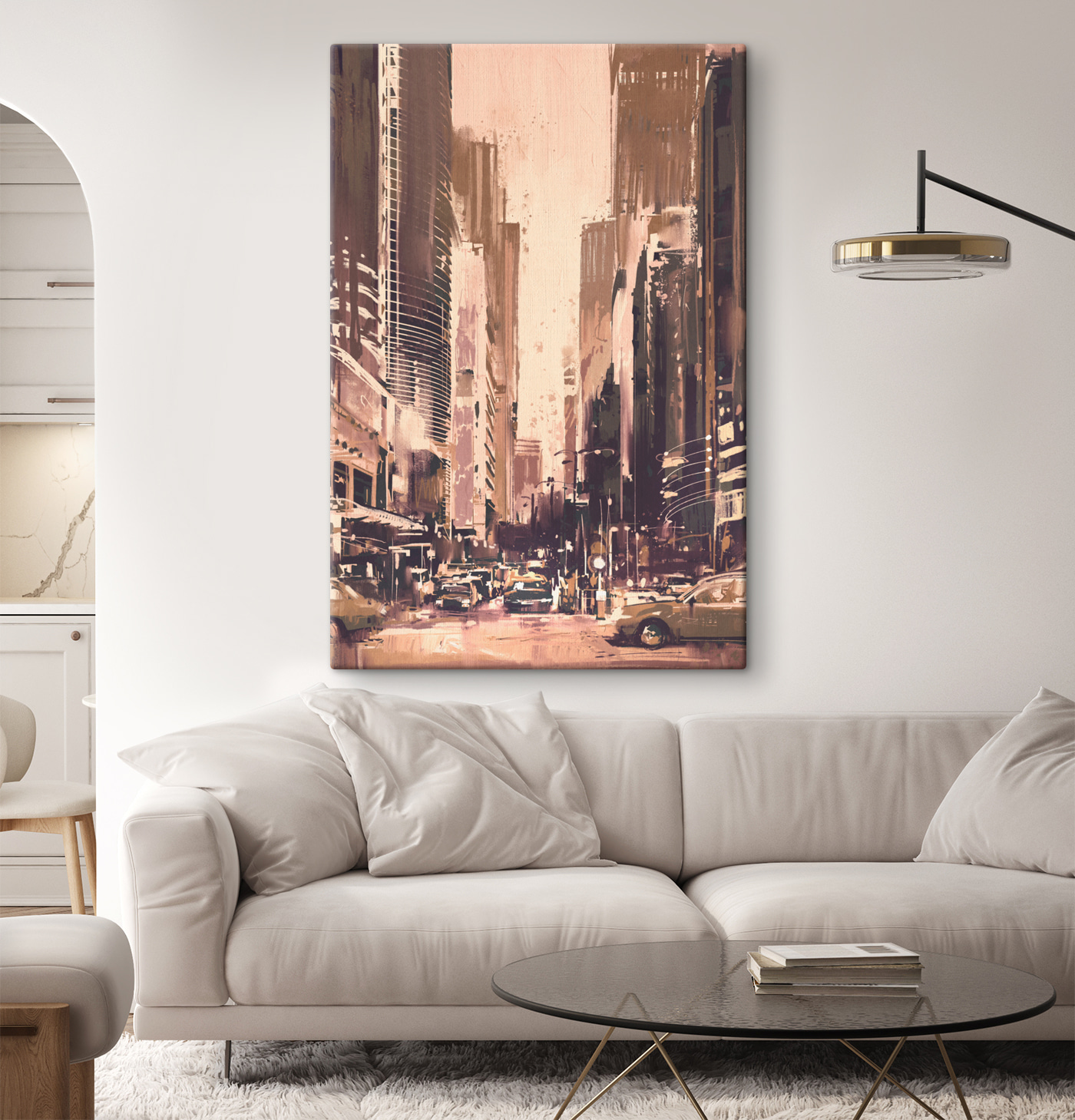 A city street with tall buildings