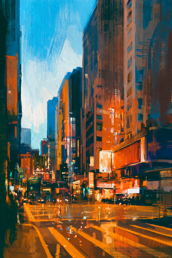 A city street with buildings and lights A city street with buildings and lights