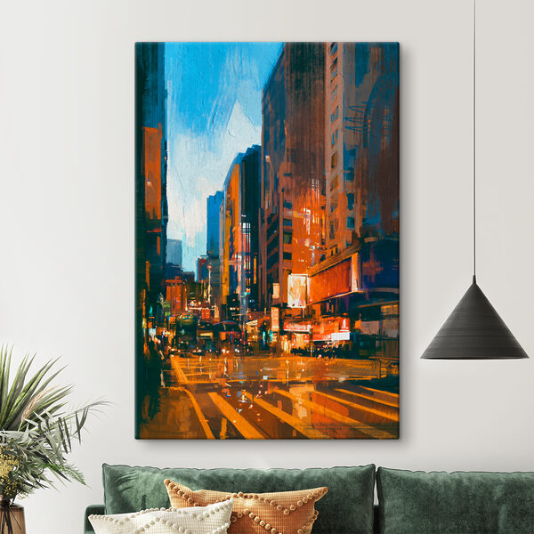 Cuadros Una calle de la ciudad con edificios y luces