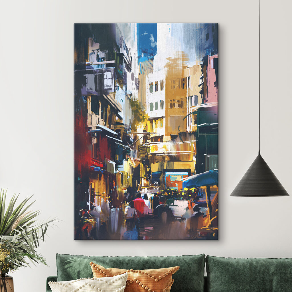 A street with buildings and people walking