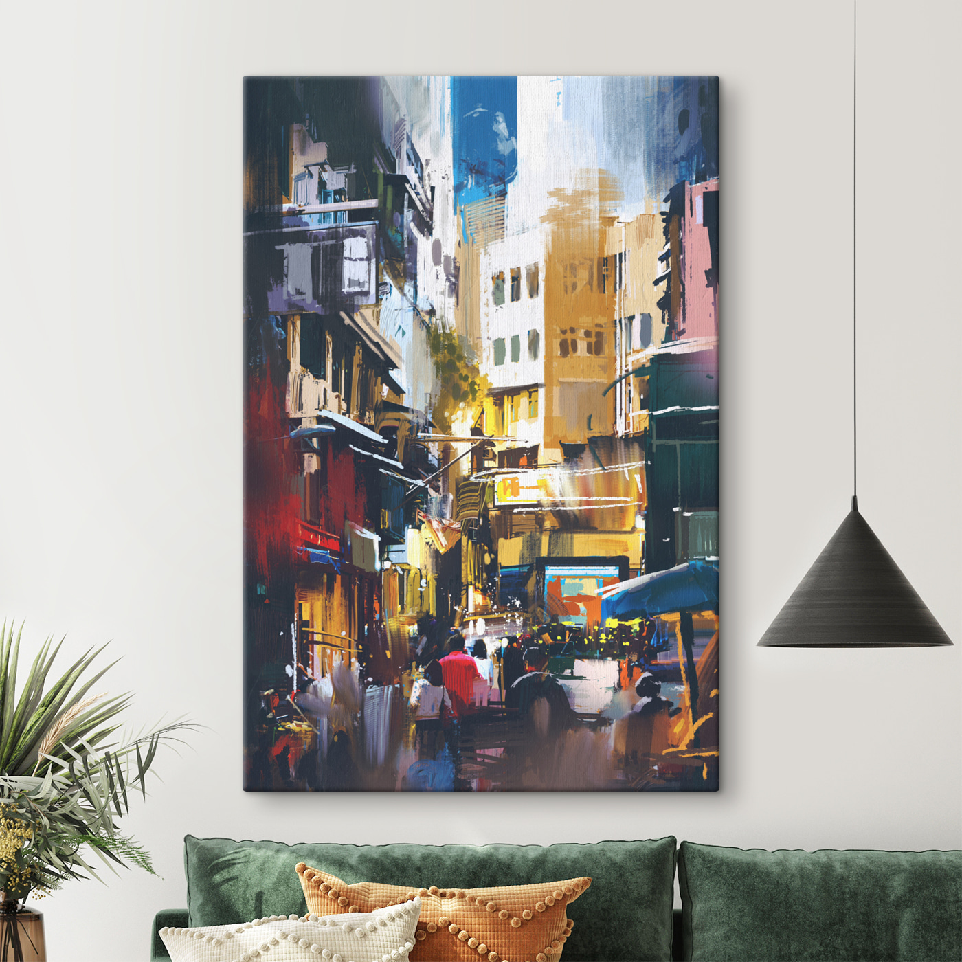 A street with buildings and people walking
