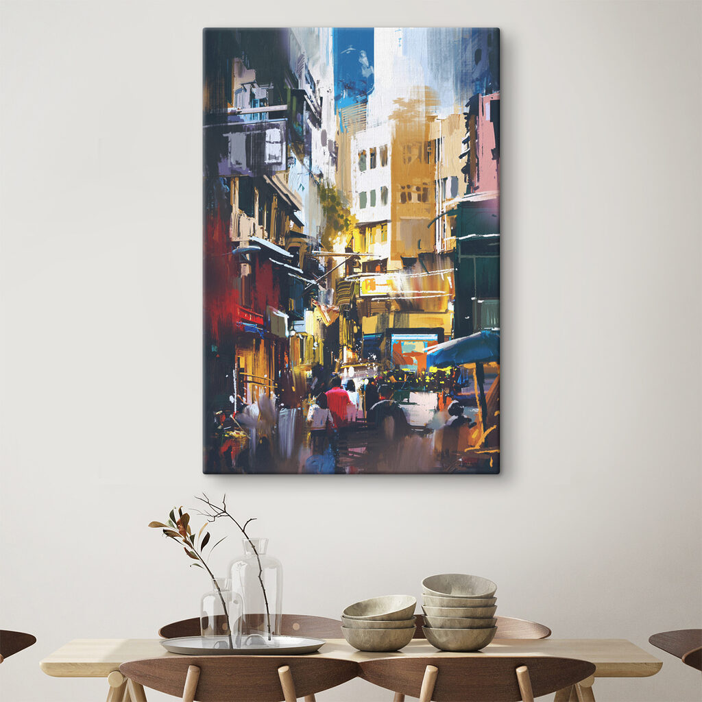 A street with buildings and people walking