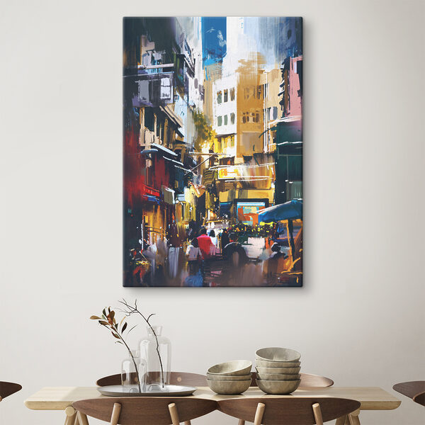 A street with buildings and people walking