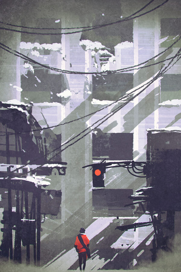 A red traffic light in a city