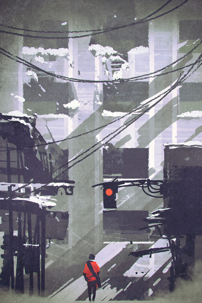 A red traffic light in a city