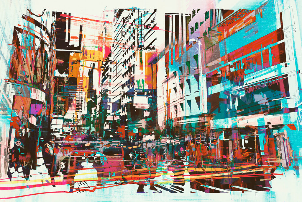 A colorful cityscape with people walking A colorful cityscape with people walking