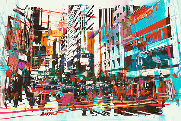 A colorful cityscape with people walking A colorful cityscape with people walking