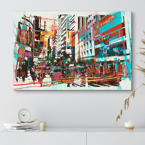 A colorful cityscape with people walking A colorful cityscape with people walking