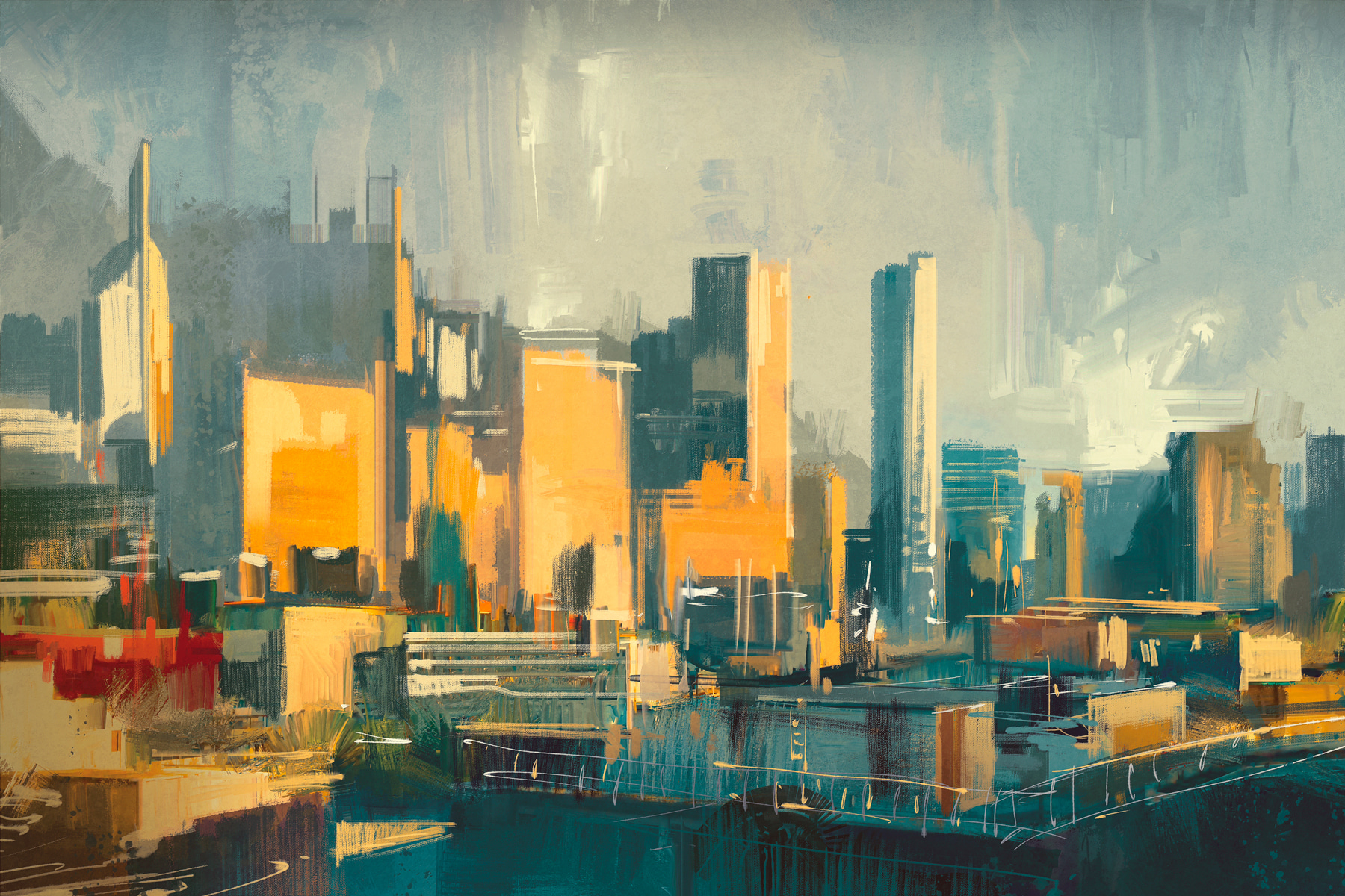 A city skyline with tall buildings