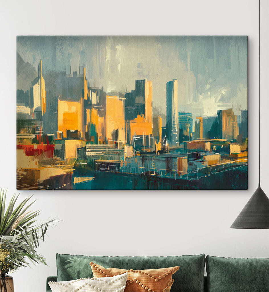 A city skyline with tall buildings