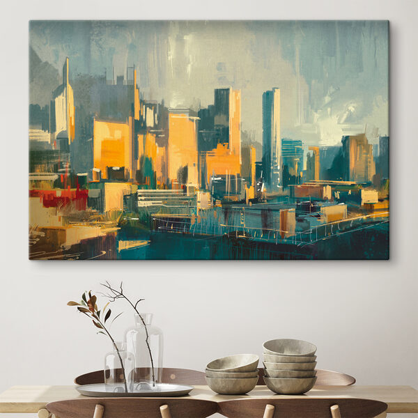 A city skyline with tall buildings