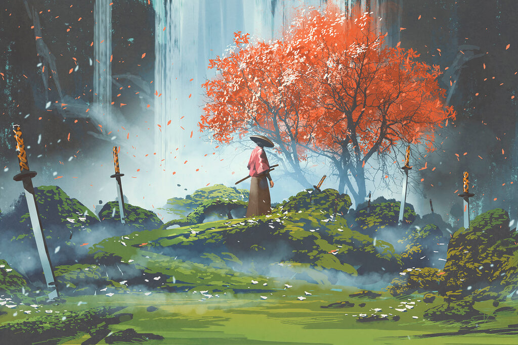 A person standing in a field with swords