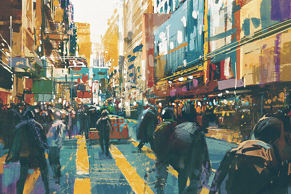 A group of people walking in a city A group of people walking in a city