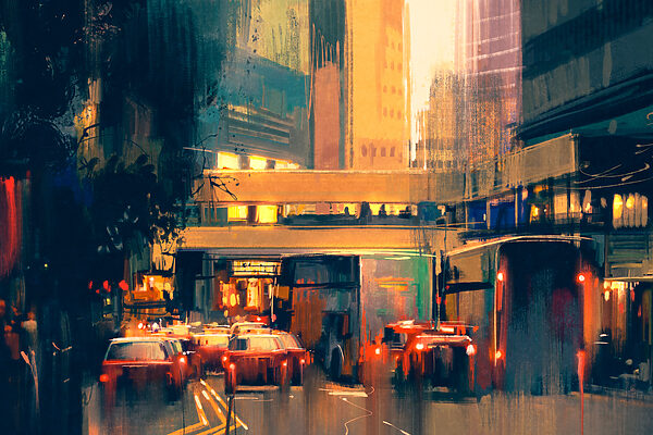 A street with cars and buildings