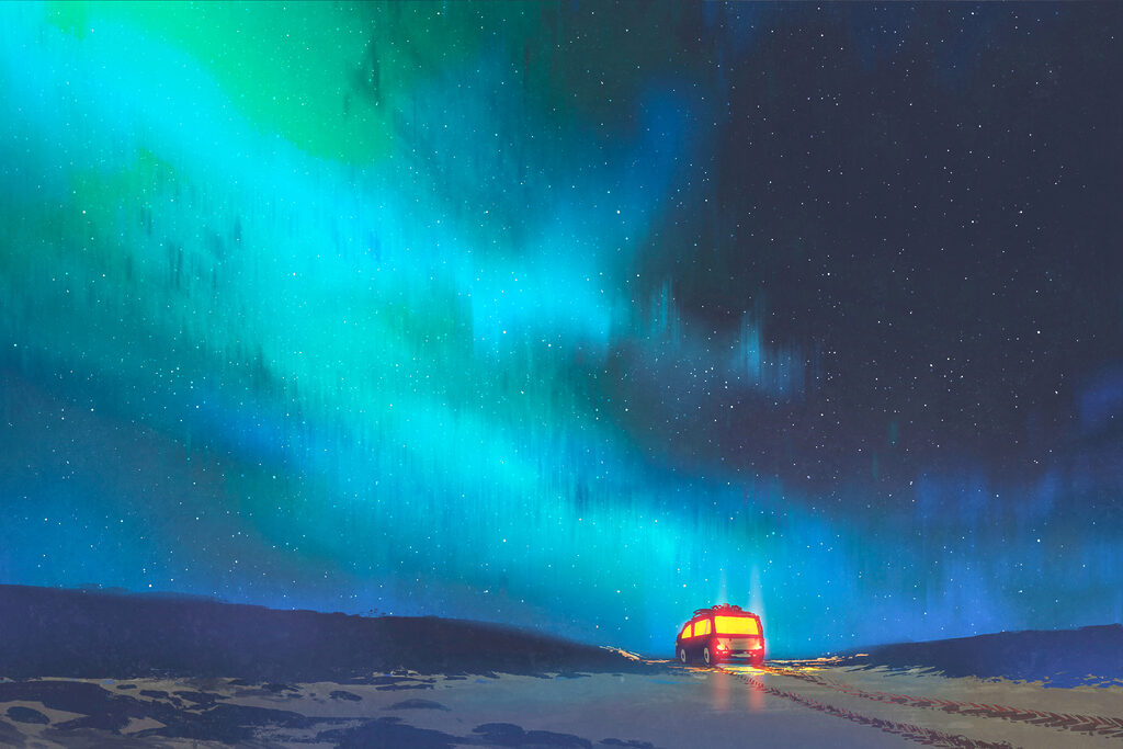 A bus on a snowy road with lights in the sky A bus on a snowy road with lights in the sky