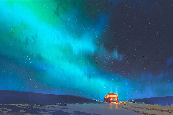 A bus on a snowy road with lights in the sky A bus on a snowy road with lights in the sky