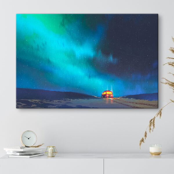 Cuadros Un autobús en una carretera nevada con luces en el cielo (SKU: s37111) Cuadros Cuadros Un autobús en una carretera nevada con luces en el cielo (SKU: s37111)