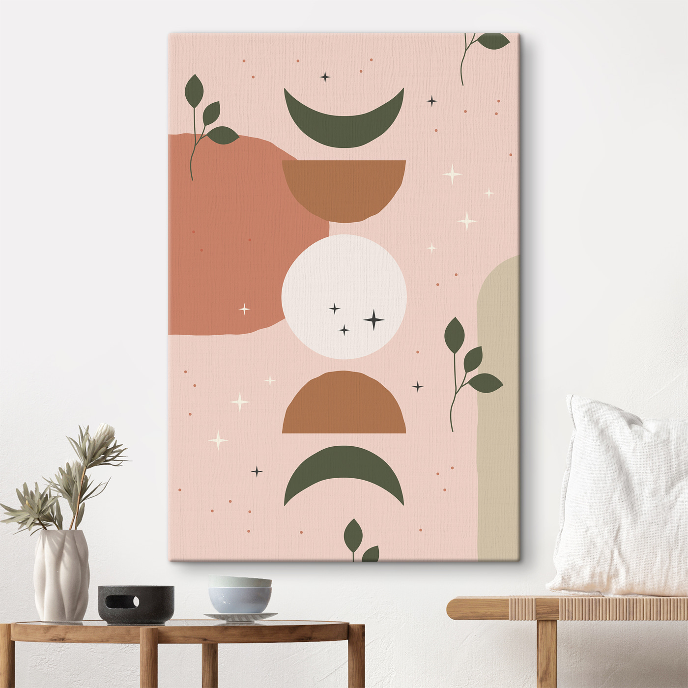 A colorful pattern with leaves and circles
