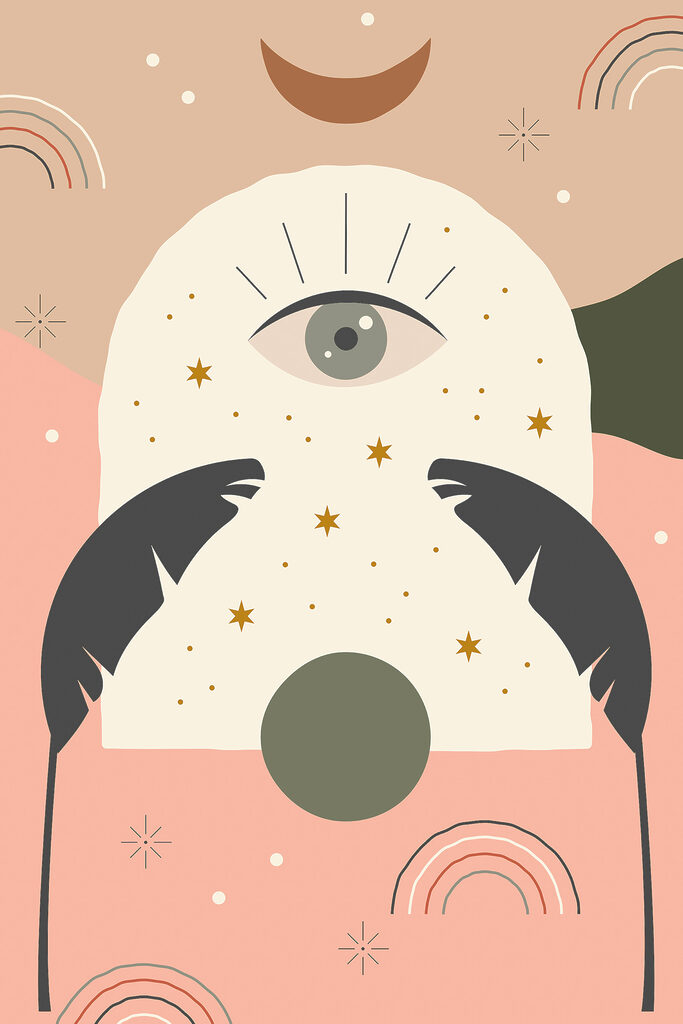 A graphic of an eye and a circle with wings A graphic of an eye and a circle with wings