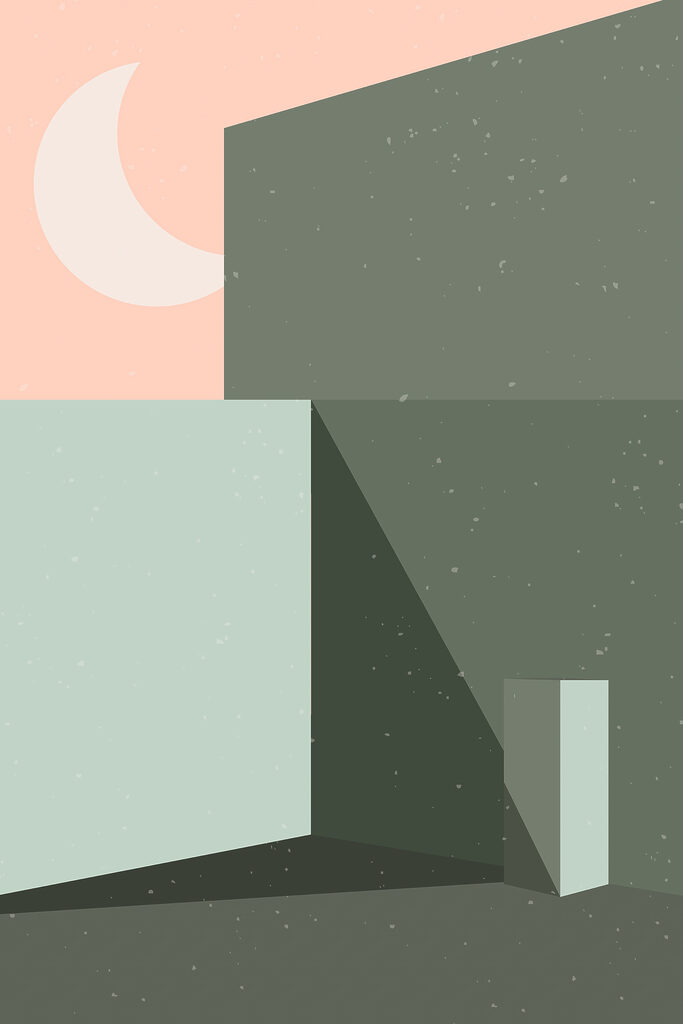 A room with a square object and a light in the background