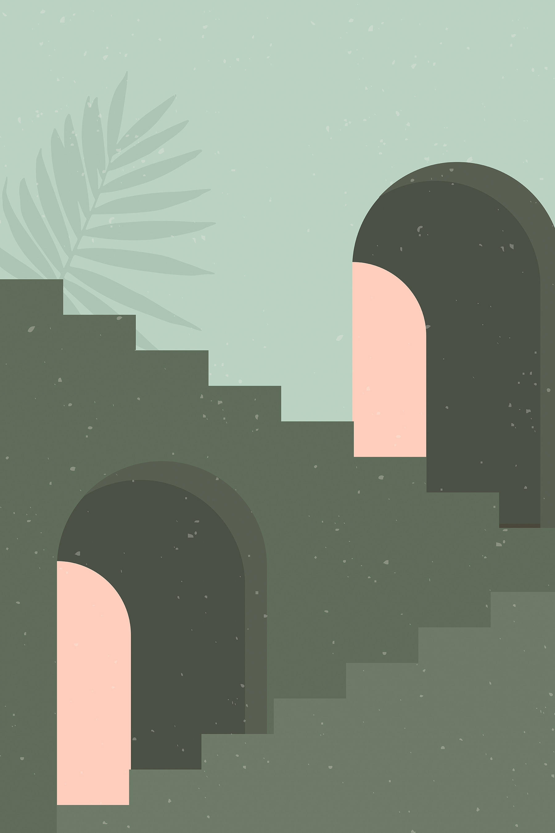A green staircase with a pink arch and a palm leaf