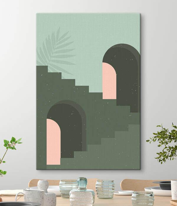 Cuadros Una escalera verde con un arco rosa y una hoja de palmera
