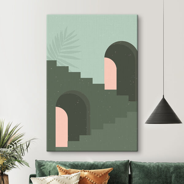 A green staircase with a pink arch and a palm leaf