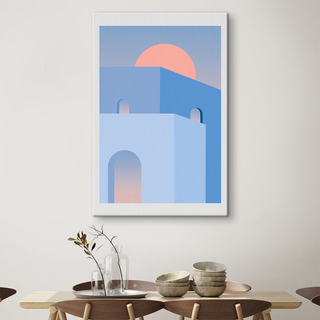A blue building with a pink sun behind it