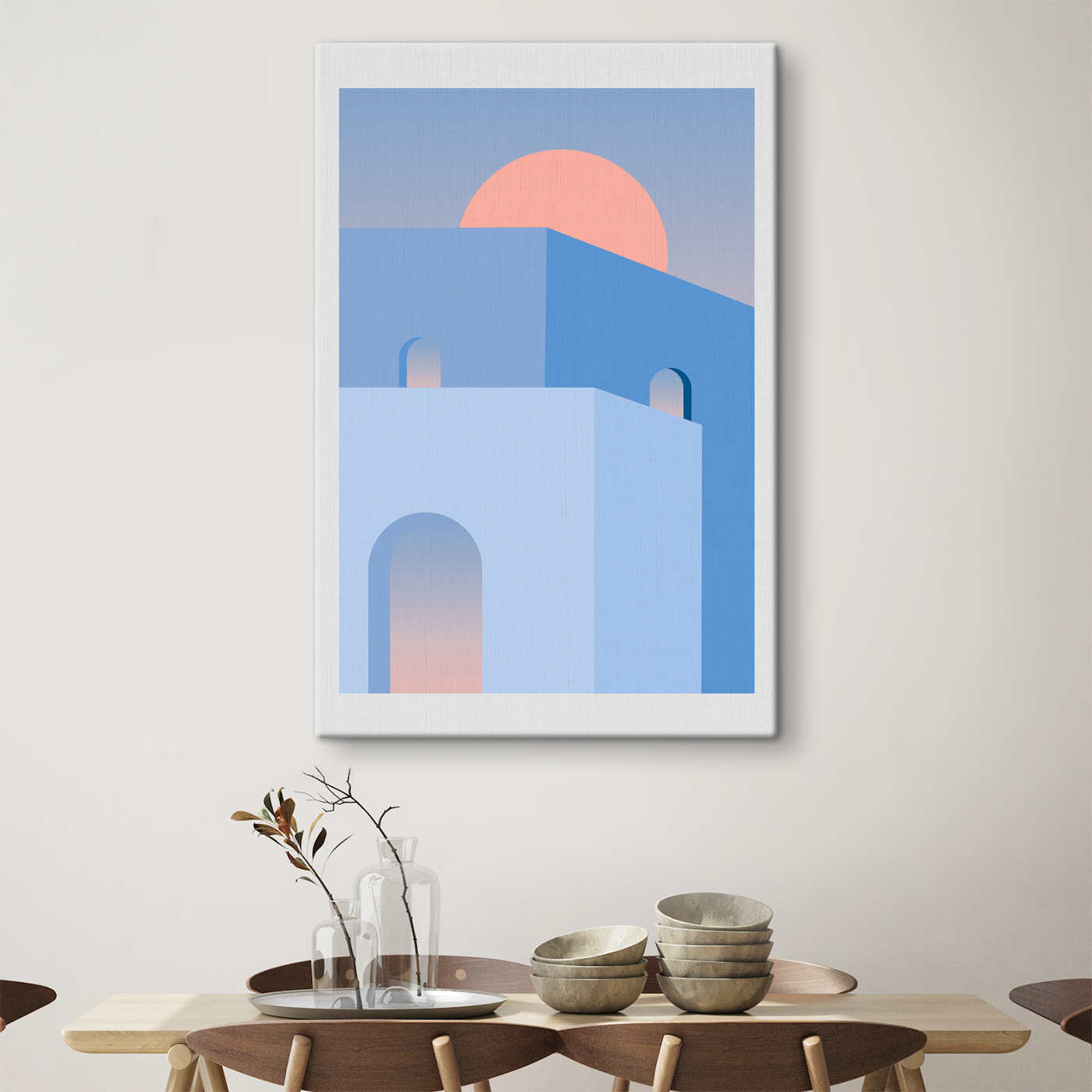 A blue building with a pink sun behind it