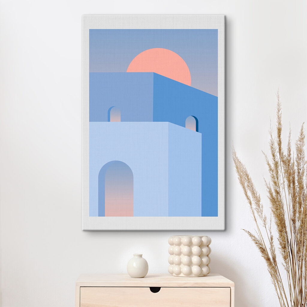 A blue building with a pink sun behind it
