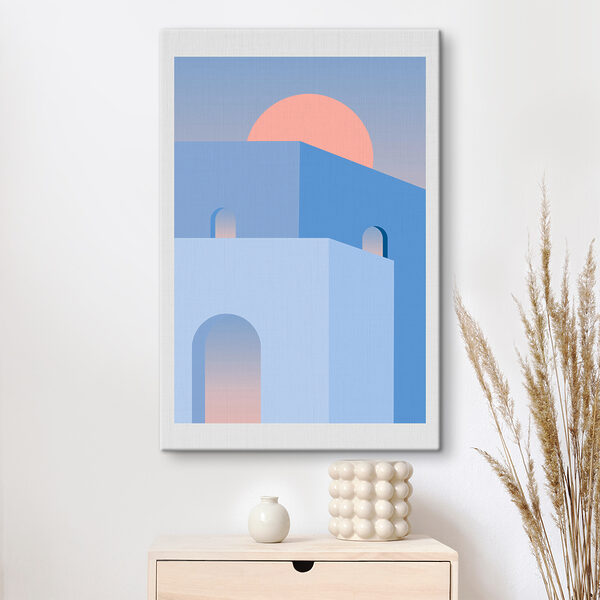 A blue building with a pink sun behind it