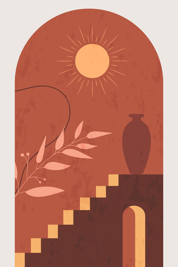 A painting of a vase and stairs