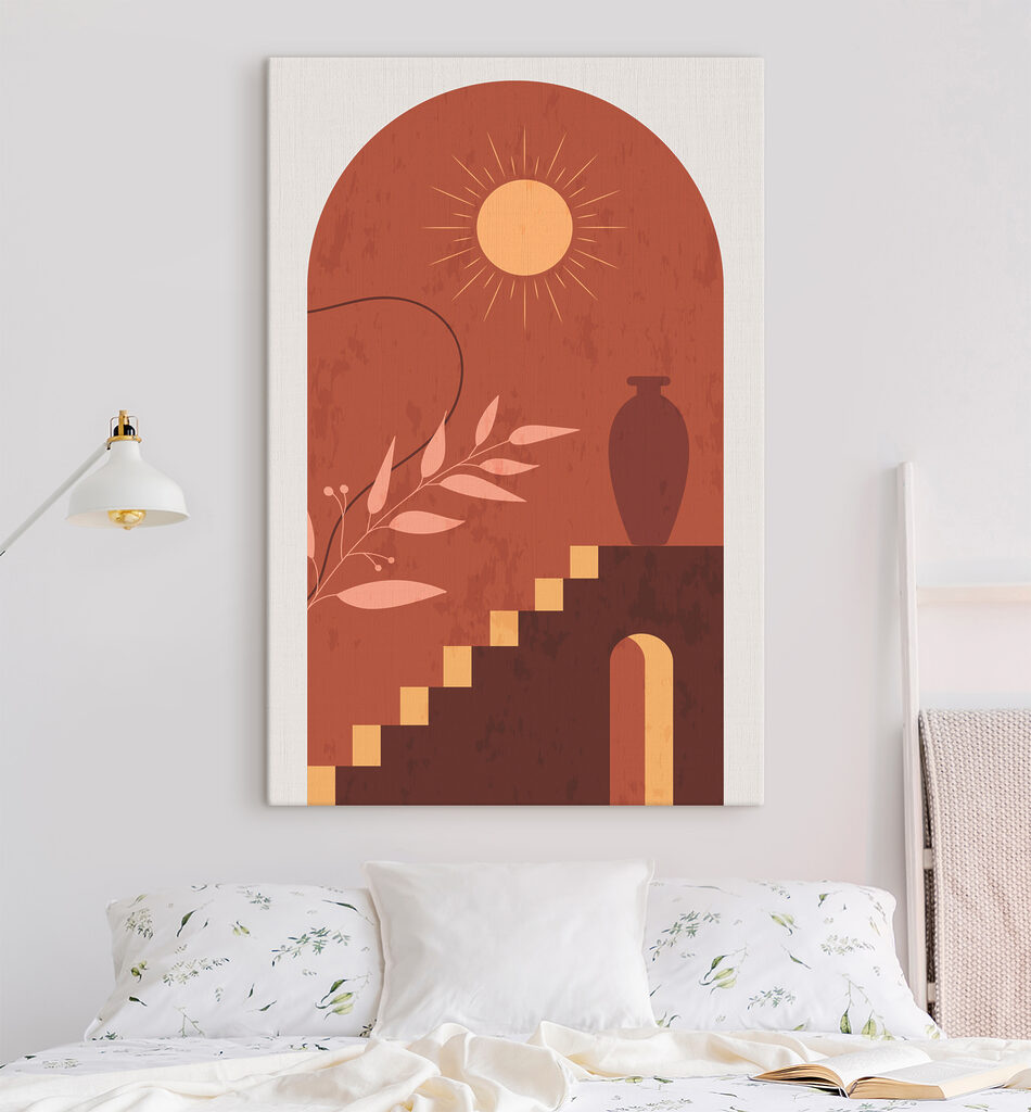 A painting of a vase and stairs
