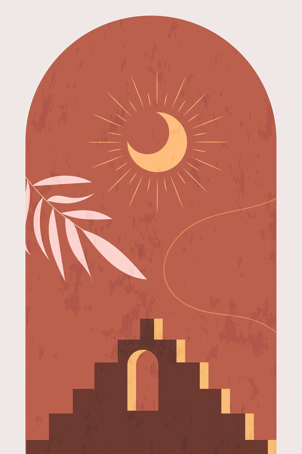 A sun and moon in a stone arch
