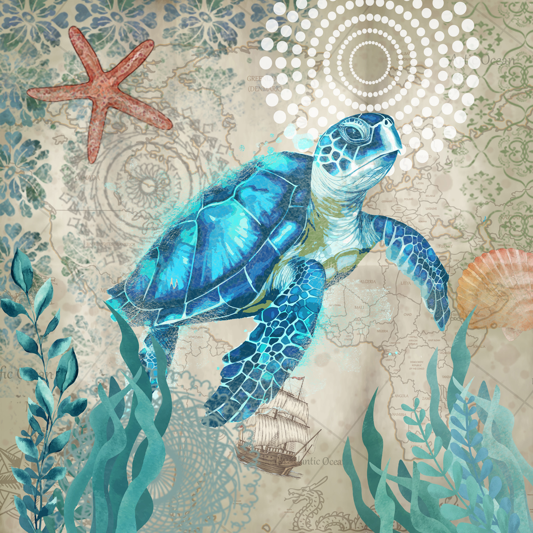 A blue sea turtle swimming in the ocean