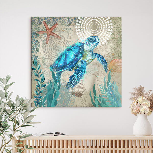 A blue sea turtle swimming in the ocean