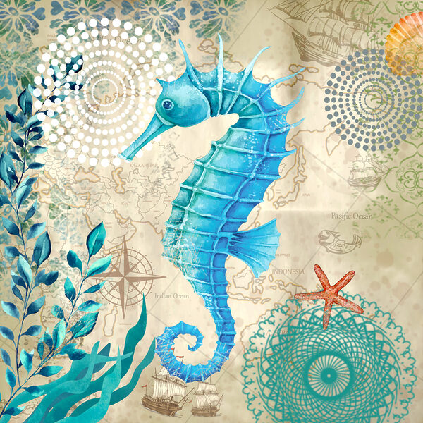 A seahorse and seaweed on a map A seahorse and seaweed on a map