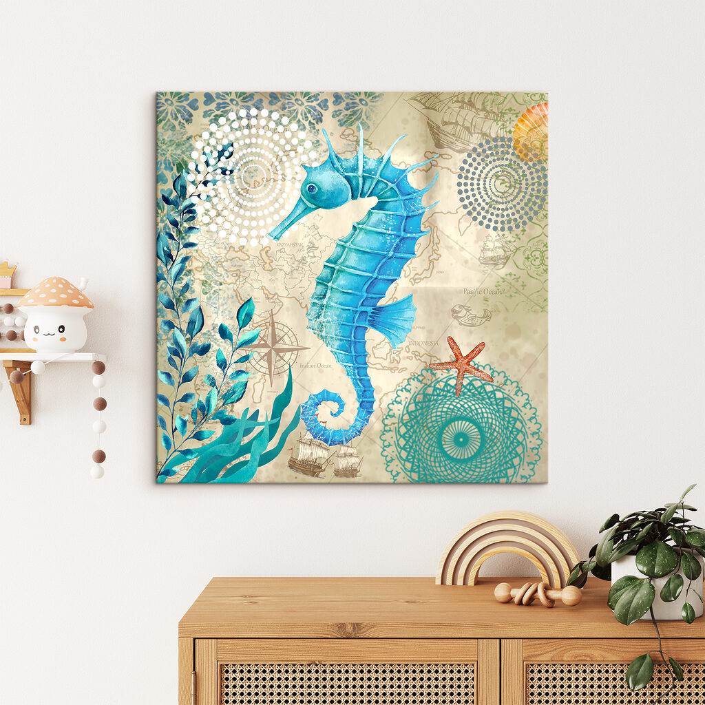 A seahorse and seaweed on a map A seahorse and seaweed on a map