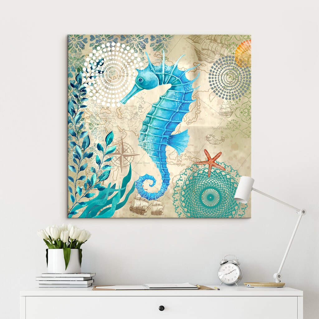 A seahorse and seaweed on a map A seahorse and seaweed on a map