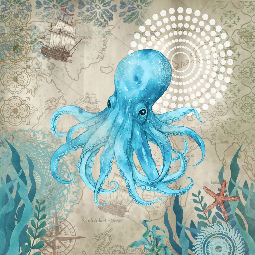 A blue octopus with a map of the ocean A blue octopus with a map of the ocean