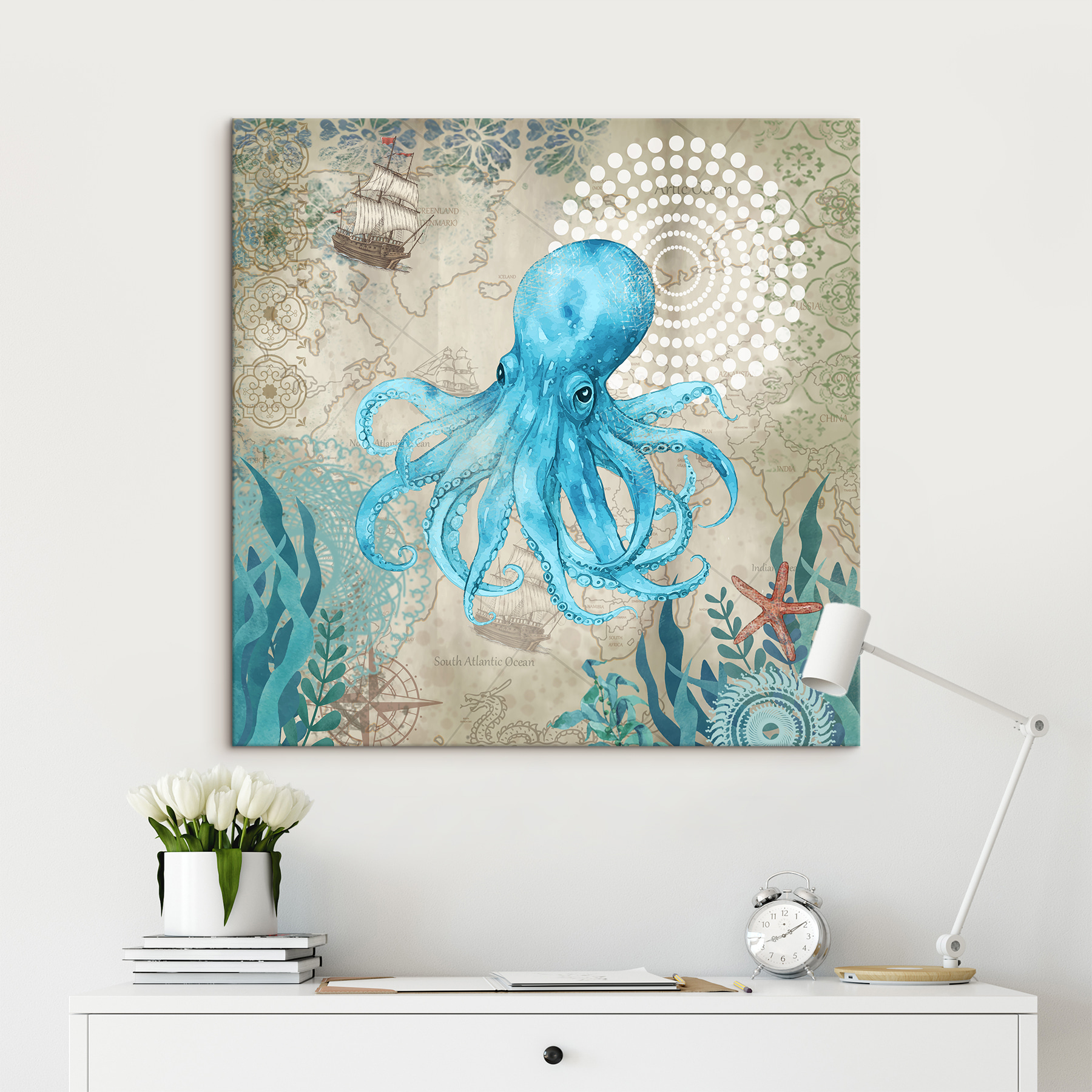 A blue octopus with a map of the ocean A blue octopus with a map of the ocean