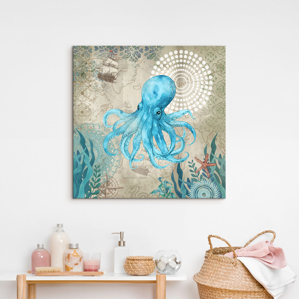 A blue octopus with a map of the ocean A blue octopus with a map of the ocean