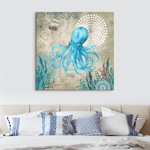 A blue octopus with a map of the ocean A blue octopus with a map of the ocean