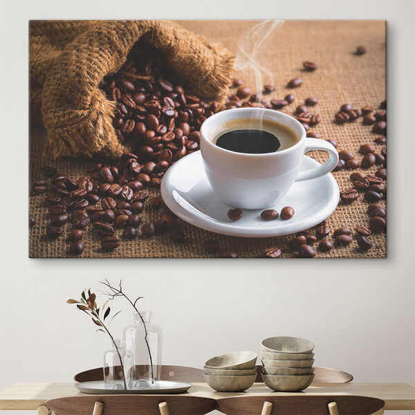 Cuadros Una taza de café y un paquete de café en grano