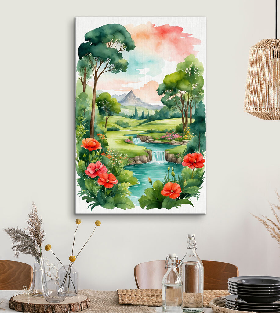 A watercolor painting of a river and flowers