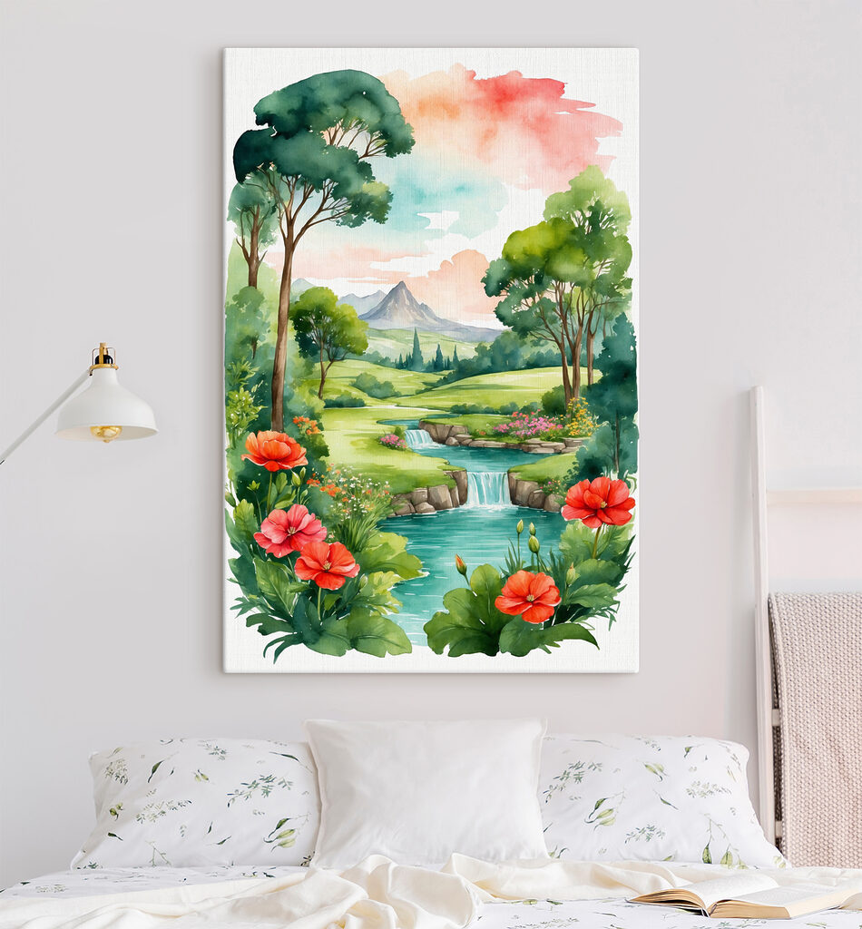 A watercolor painting of a river and flowers