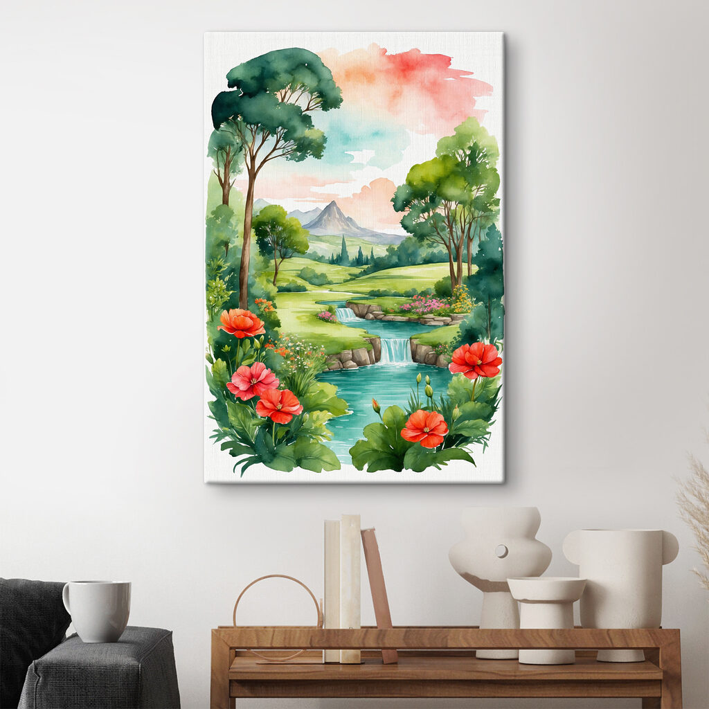 A watercolor painting of a river and flowers