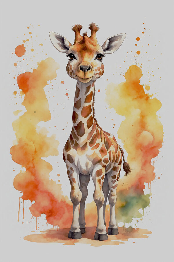 A giraffe standing in front of orange and yellow splashes